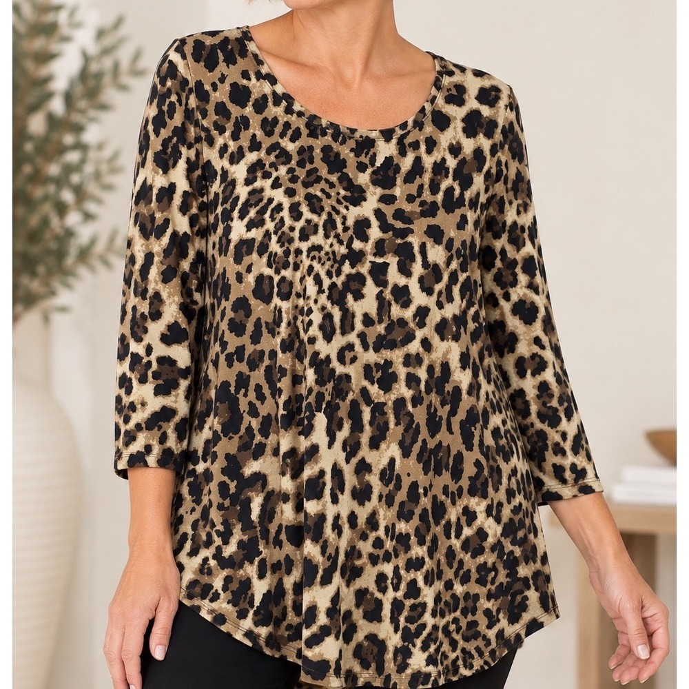 JM Collection Leopard Print 3/4 Sleeve Scoop Neck Tunic Top Brown Black Large